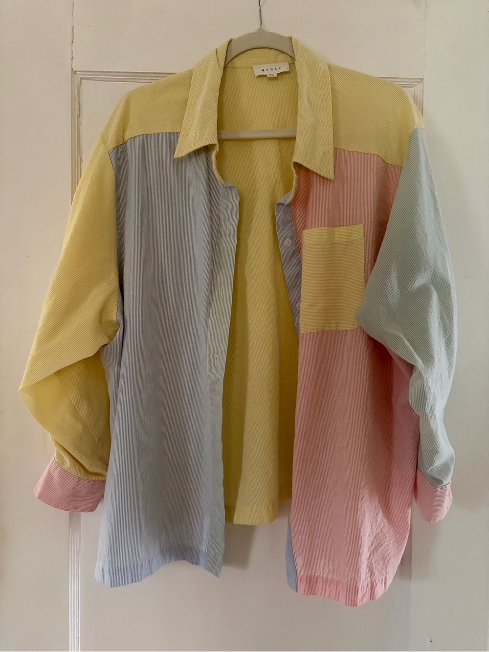 Colorblock Pastel Button-Down Shirt by MABLE - Yellow, Pink & Blue - Size ML